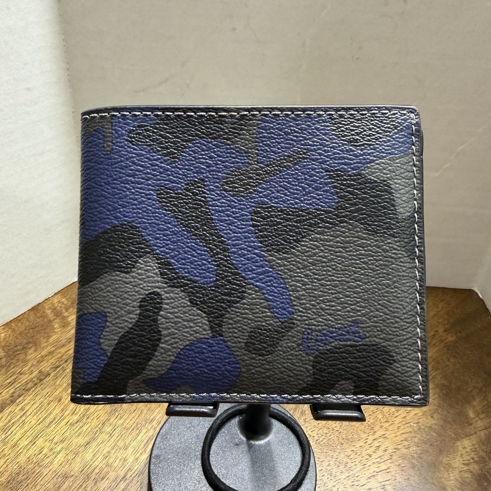 Coach leather camo mens wallet blue gray bi fold